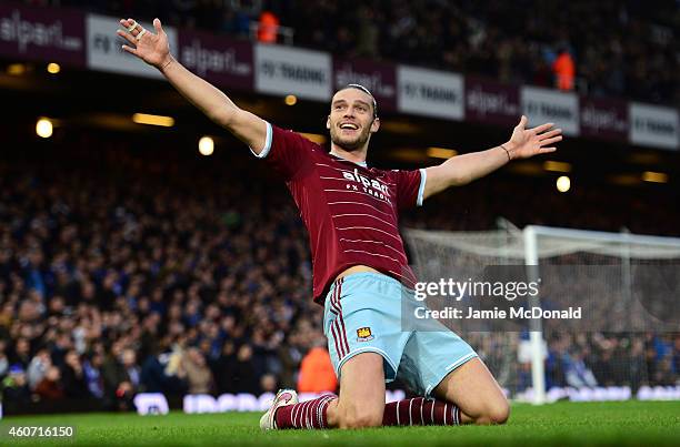 Andy Carroll of West Ham celebrates scoring the first goal during the Barclays Premier League match between West Ham United and Leicester City at...