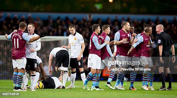 Gabriel Agbonlahor of Aston Villa gets sent off during the Barclays Premier League match between Aston Villa and Manchester United at Villa Park on...