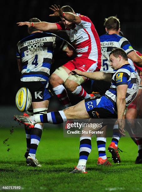 Bath scrum half Chris Cook clears his lines during the Aviva Premiership match between Gloucester Rugby and Bath Rugby at Kingsholm Stadium on...