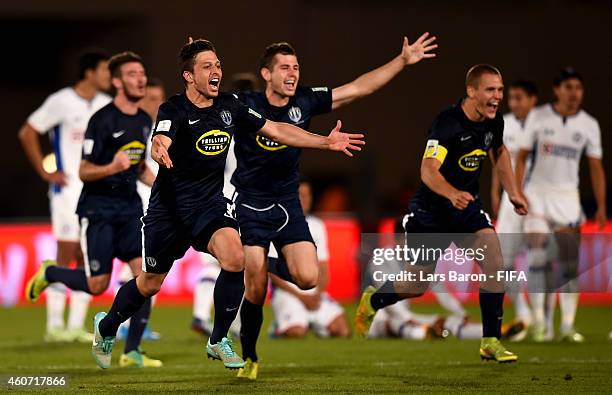 Players of Auckland celebrate after winning the FIFA Club World Cup 3rd Place match between Cruz Azul and Auckland City FC at Marrakech Stadium on...