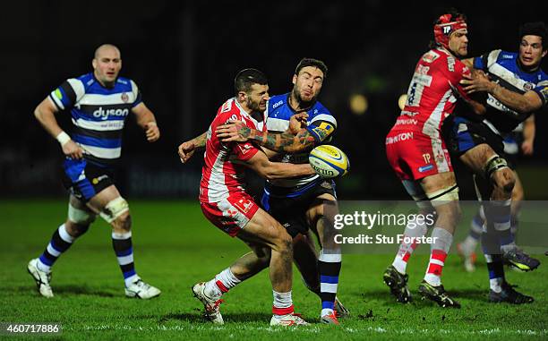 Gloucester wing Jonny May is hit hard by Matt Banahan of Bath during the Aviva Premiership match between Gloucester Rugby and Bath Rugby at Kingsholm...