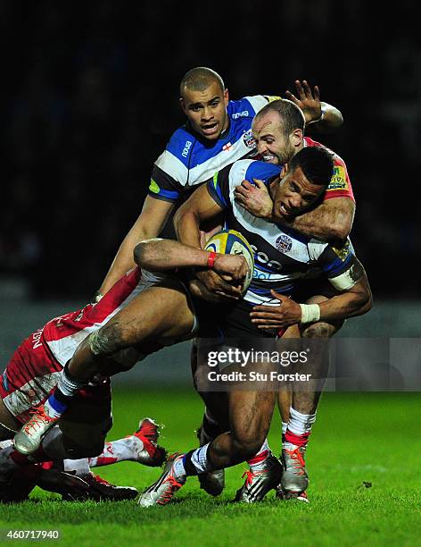 Gloucester wing Charlie Sharples puts in a tackle on Anthony Watson of Bath during the Aviva Premiership match between Gloucester Rugby and Bath...
