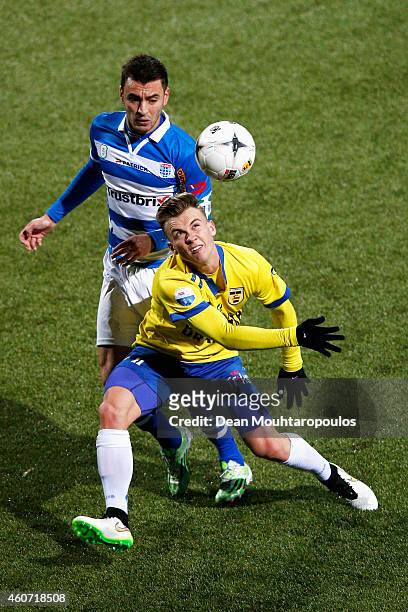 Albert Rusnak of Cambuur and Bram van Polen of Zwolle battle for the ball during the Dutch Eredivisie match between SC Cambuur and PEC Zwolle at...