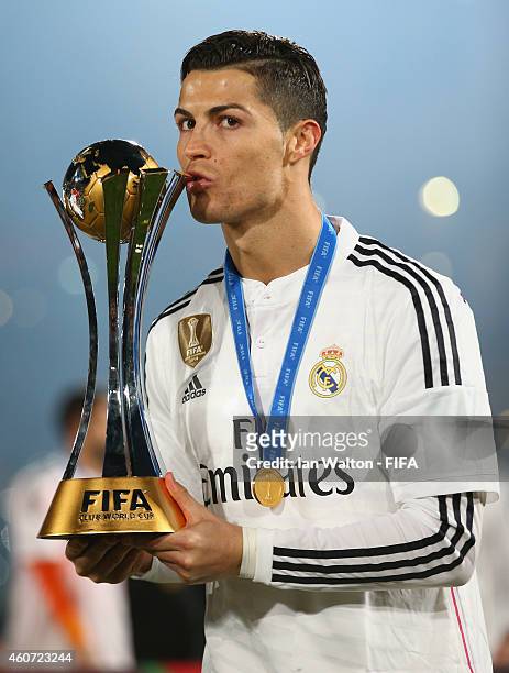 Cristiano Ronaldo of Real Madrid celebrates with the trophy after the FIFA Club World Cup Final between Real Madrid and San Lorenzo at Marrakech...