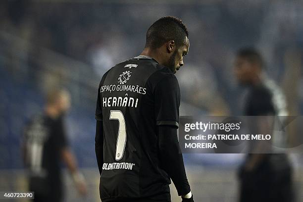Vitoria's forward Hernani Fortes reacts after missing a goal opportunity during the Portuguese league football match Estoril vs Vitoria SC at Antonio...