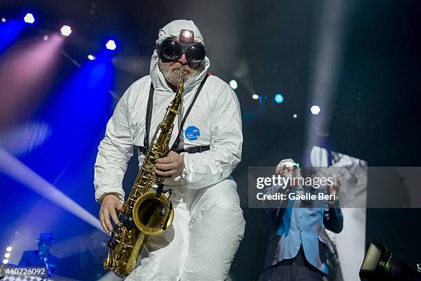 Lee Thompson and Graham McPherson aka Suggs of Madness perform on stage at O2 Arena on December 20, 2014 in London, United Kingdom