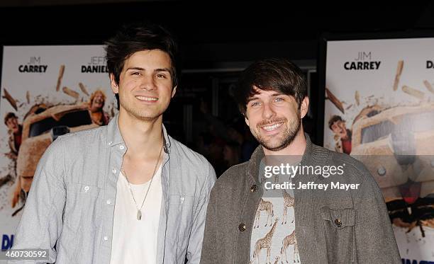 Comedians Anthony Padilla and Ian Hecox arrive at the Los Angeles premiere of 'Dumb And Dumber To' at Regency Village Theatre on November 3, 2014 in...