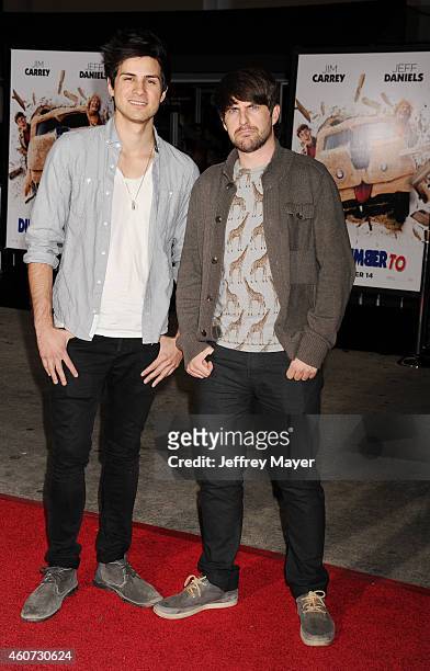 Comedians Anthony Padilla and Ian Hecox arrive at the Los Angeles premiere of 'Dumb And Dumber To' at Regency Village Theatre on November 3, 2014 in...