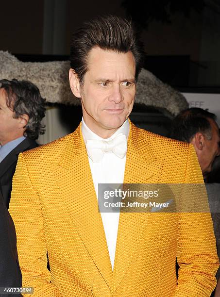 Actor Jim Carrey arrives at the Los Angeles premiere of 'Dumb And Dumber To' at Regency Village Theatre on November 3, 2014 in Westwood, California.