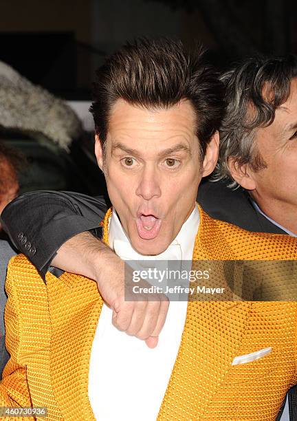 Actor Jim Carrey arrives at the Los Angeles premiere of 'Dumb And Dumber To' at Regency Village Theatre on November 3, 2014 in Westwood, California.