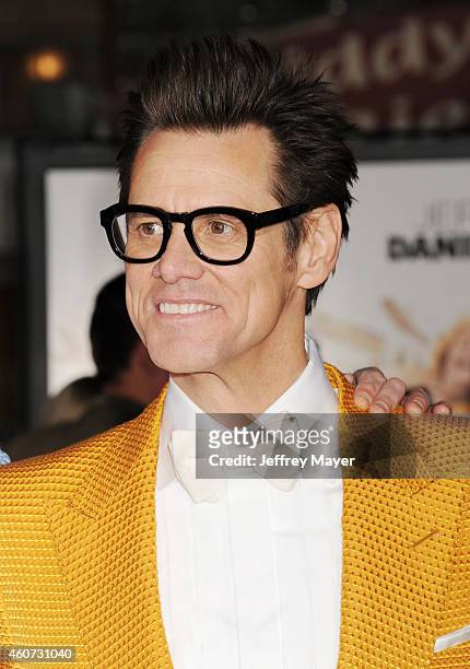 Actor Jim Carrey arrives at the Los Angeles premiere of 'Dumb And Dumber To' at Regency Village Theatre on November 3, 2014 in Westwood, California.