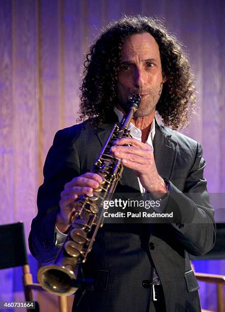 Musician Kenny G performs at the ISINA collaboration announcement at Capitol Recording Studios Holiday Party at Capitol Records Studio on December...