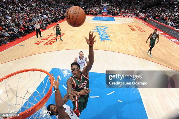 Larry Sanders of the Milwaukee Bucks goes to the basket against the Los Angeles Clippers on December 20, 2014 at Staples Center in Los Angeles,...