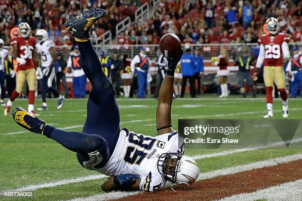 Tight end Antonio Gates of the San Diego Chargers catches a 21-yard touchdown in the fourth quarter against the San Francisco 49ers at Levi's Stadium...