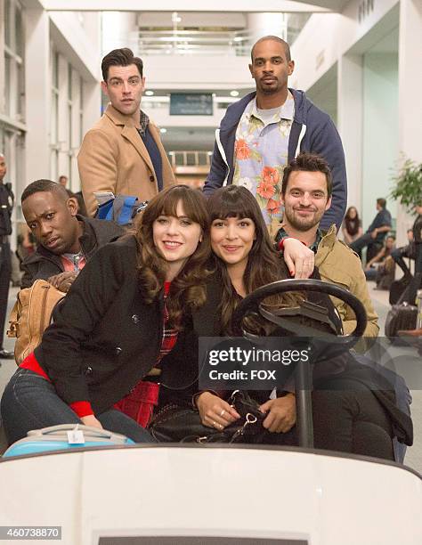 Zooey Deschanel, Lamorne Morris, Max Greenfield, Damon Wayans Jr., Jake Johnson and Hannah Simone in the "LAXmas" episode of NEW GIRL airing Tuesday,...