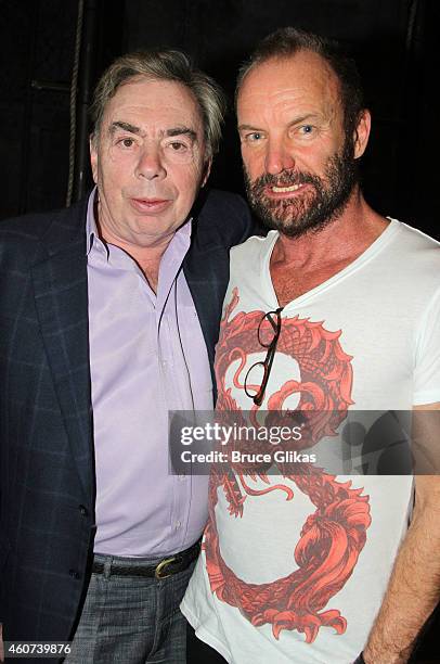 Sir Andrew Lloyd Webber and Sting pose backstage at the hit musical "The Last Ship" on Broadway at The Neil Simon Theater on December 20, 2014 in New...