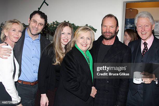 Trudie Styler, Marc Mezvinsky, wife Chelsea Clinton Mezvinsky, Hillary Clinton, Sting and Bill Clinton pose backstage at the hit musical "The Last...
