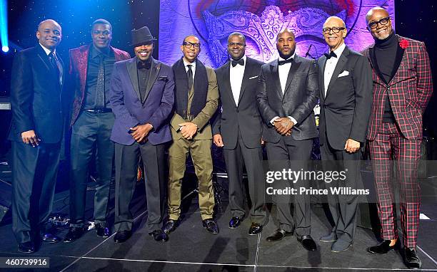 Chris Tucker, Will Packer, Ludacris, Mayor Kasim Reed, Young Jeezy, Michael L Lomax, and Johnathan Slocum attend the 2014 UNCF Mayor's Masked Ball at...