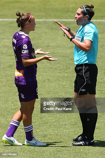 Match referee Kate Jacewicz talks with Caitlin Foord of the Glory during the W-League Grand Final match between Perth and Canberra at nib Stadium on...