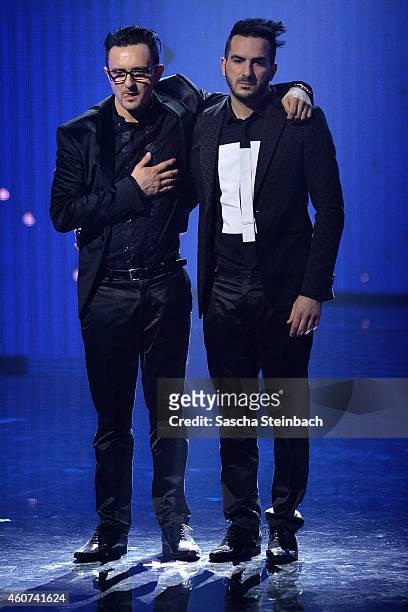 Liono and Enrico Filleri react after placed third at the finals of the tv show 'Das Supertalent' at Coloneum on December 20, 2014 in Cologne, Germany.