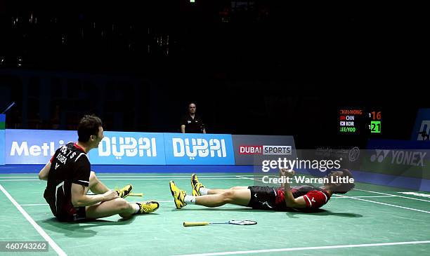 Lee Yong Dae and Yoo Yeon Seong of Korea celebrate beating Chai Biao and Hong Wei of China in the Men's Doubles Finals on day five of the BWF...