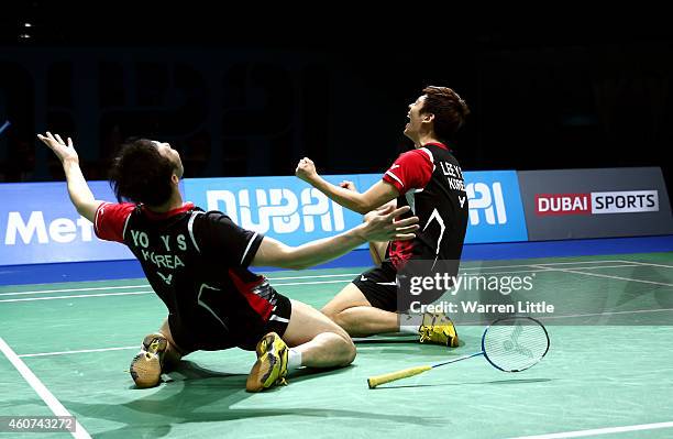 Lee Yong Dae and Yoo Yeon Seong of Korea celebrate beating Chai Biao and Hong Wei of China in the Men's Doubles Finals on day five of the BWF...