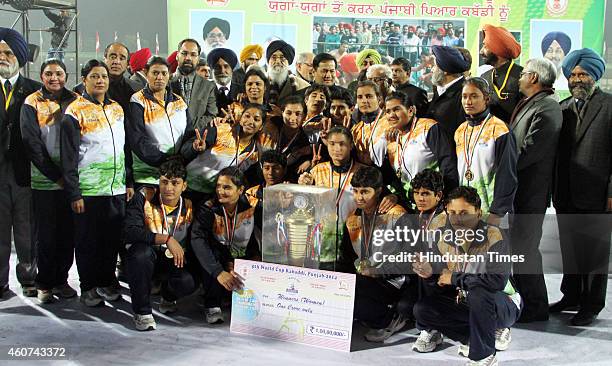 Indian Women Kabaddi Team With trophy after winning with Punjab Chief Minister Parkash Singh Badal and Deputy Chief Minister Sukhbir Badal and...