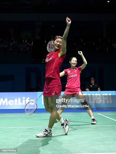 Misaki Matsutomo and Ayaka Takahashi of Japan celebrate beating Tian Qing and Zhao Yunlei of China in the Final of the Women's Doubles on day five of...