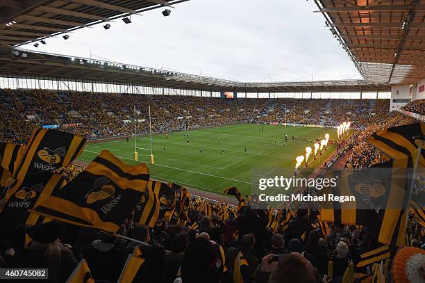 General view as Wasps emerge onto the pitch during the Aviva Premiership match between Wasps and London Irish at the Ricoh Arena on December 21, 2014...