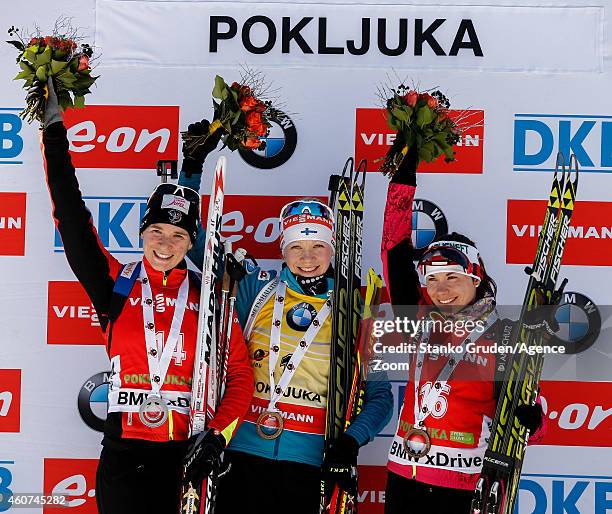 Anais Bescond of France takes 2nd place, Kaisa Makarainen of Finland takes 1st place, Nadezhda Skardino of Belarus takes 3rd place during the IBU...