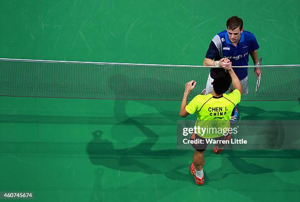 Chen Long of China celebrates beating Hans-Kristian Vittinghus of Denmark in the Final of the Men's Singles on day five of the BWF Destination Dubai...