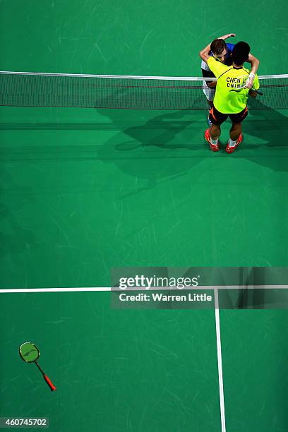 Chen Long of China celebrates beating Hans-Kristian Vittinghus of Denmark in the Final of the Men's Singles on day five of the BWF Destination Dubai...