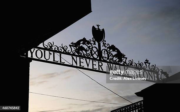 General view outside Anfield is seen prior to the Barclays Premier League match between Liverpool and Arsenal at Anfield on December 21, 2014 in...
