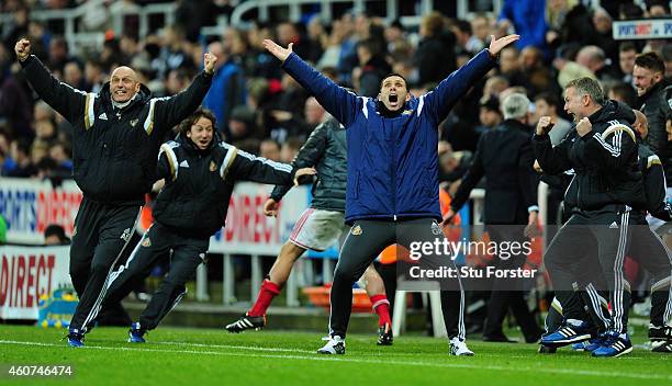 Sunderland manager Gus Poyet celebrates the opening goal during the Barclays Premier League match between Newcastle United and Sunderland at St...