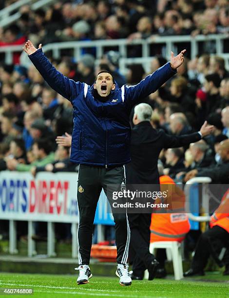 Sunderland manager Gus Poyet celebrates the winning goal during the Barclays Premier League match between Newcastle United and Sunderland at St...