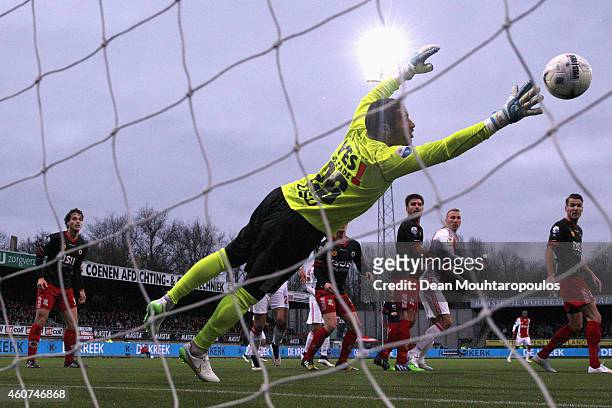 Goalkeeper, Gino Coutinho of Excelsior makes a save during the Dutch Eredivisie match between S.B.V. Excelsior Rotterdam and Ajax Amsterdam held at...