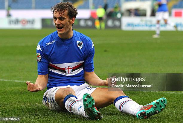 Manolo Gabbiadini of UC Sampdoria celebrates his goal during the Serie A match betweeen UC Sampdoria and Udinese Calcio at Stadio Luigi Ferraris on...