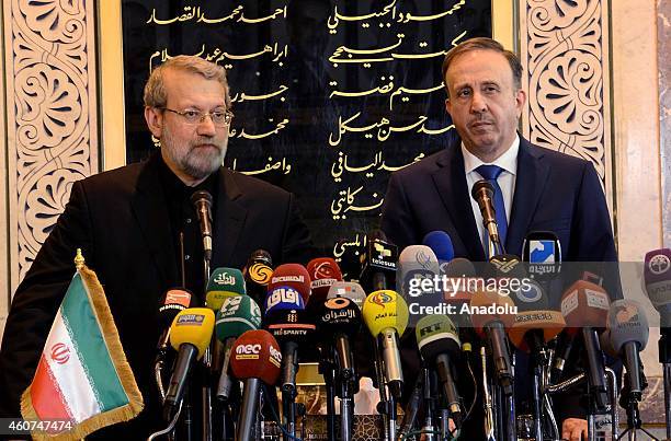 Speaker of the Iran's Parliament Ali Larijani and Speaker of the People's Council in Syria Mohammad Jihad al-Laham hold a joint press conference...