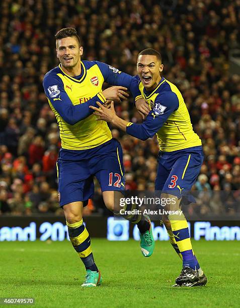 Olivier Giroud of Arsenal celebrates scoring his goal with Kieran Gibbs of Arsenal during the Barclays Premier League match between Liverpool and...