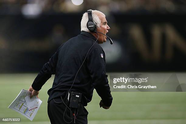 Head coach Mike Smith of the Atlanta Falcons objects to an officials call during the first quarter of a game against the New Orleans Saints at the...