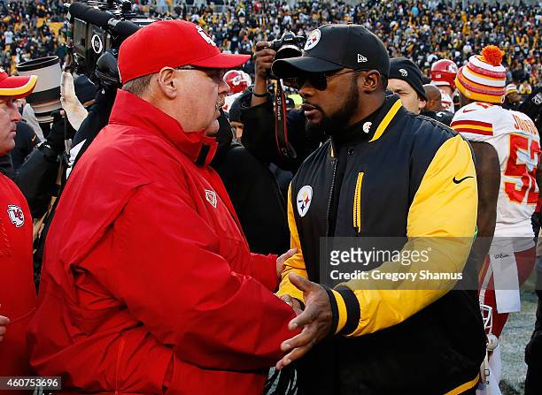 Head coach Andy Reid of the Kansas City Chiefs congratulates head coach Mike Tomlin of the Pittsburgh Steelers after Pittsburgh's 20-12 win at Heinz...