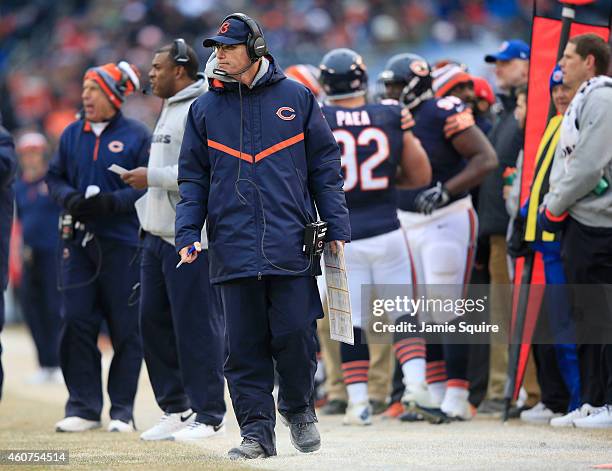 Head coach Marc Trestman of the Chicago Bears watches from the sideline during the fourth quarter of a game against the Detroit Lions at Soldier...