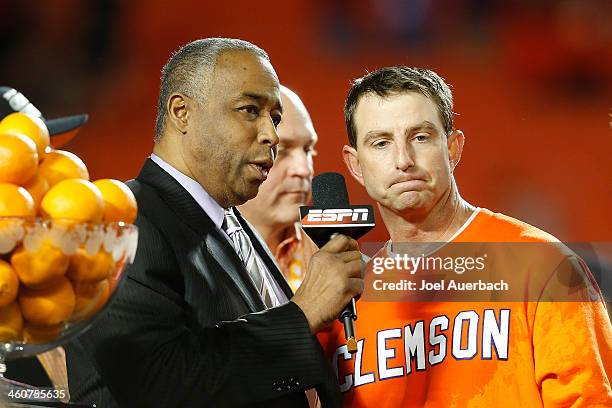 John Saunders of ESPN interviews head coach Dabo Swinney of the Clemson Tigers after the game against the Ohio State Buckeyes during the 2014...