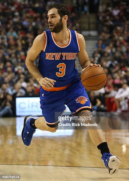 Knicks point guard Jose Calderon moves the ball up court. Toronto Raptors vs New York Knicks during 1st half action at the Air Canada Centre of the...