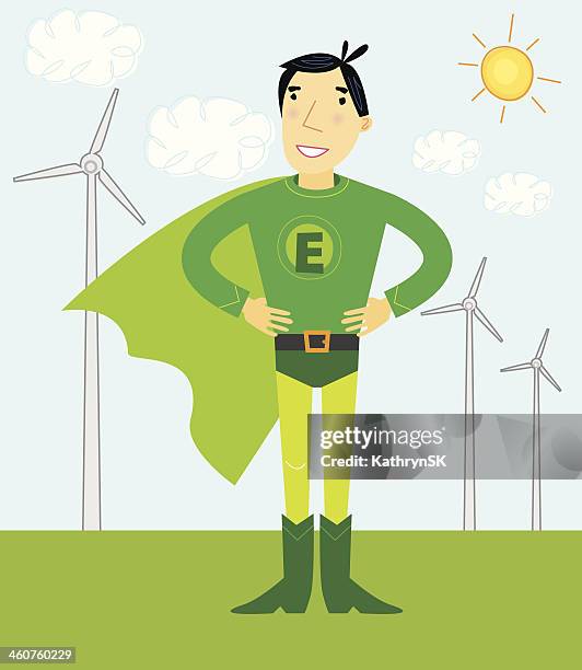 ilustrações de stock, clip art, desenhos animados e ícones de super herói de energia verde com turbinas eólicas - kathrynsk