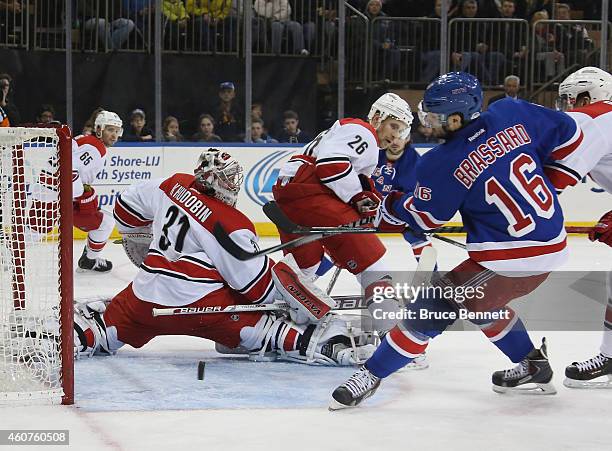 Derick Brassard of the New York Rangers misses a second period chance against Anton Khudobin of the Carolina Hurricanes at Madison Square Garden on...