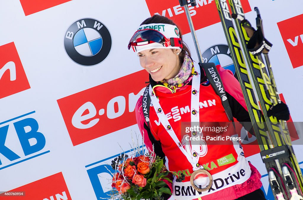 Nadezhda Skardino (BLR) at he podium celebrating her third...