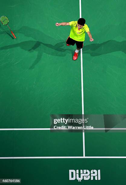 Chen Long of China celebrates beating Hans-Kristian Vittinghus of Denmark in the Final of the Men's Singles on day five of the BWF Destination Dubai...