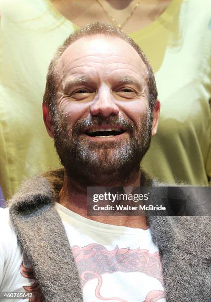 Sting hosts an autograph signing for the Original Broadway Cast Recording of 'The Last Ship' on stage at The Neil Simon Theatre on December 21, 2014...