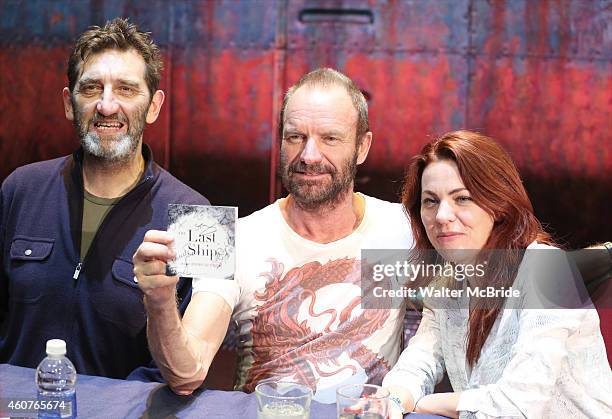 Jimmy Nail, Sting and Rachel Tucker attend the autograph signing for the Original Broadway Cast Recording of 'The Last Ship' on stage at The Neil...